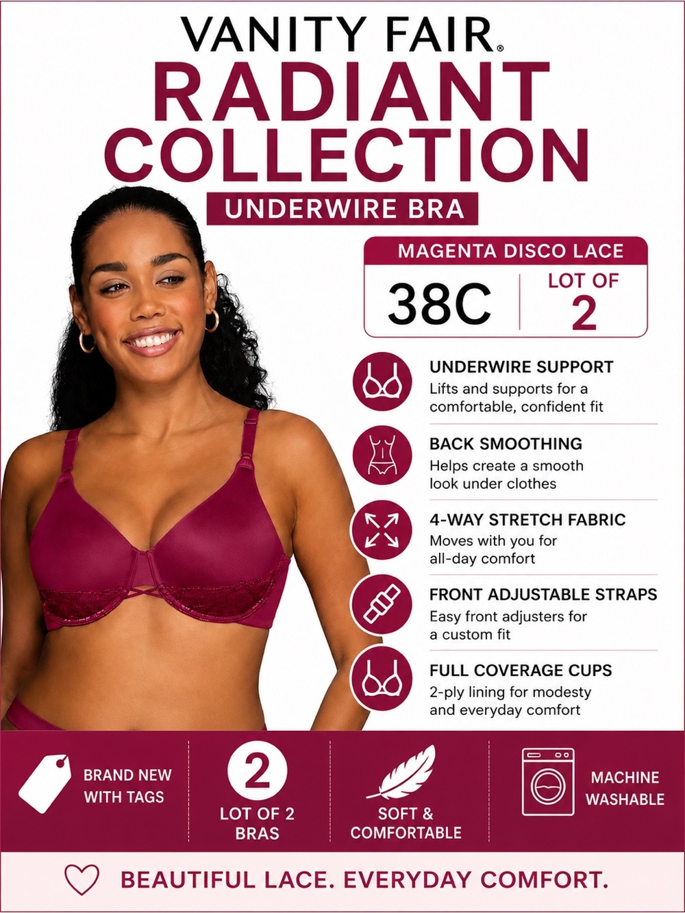Vanity Fair Radiant Back Smoothing Underwire Bra 38C Magenta Red NWT Lot of 2 - Picture 2 of 16